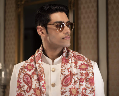 Pashtush India 70x200 Pashtush Mens Kashmiri Aari Embroidery Stole, Fine Wool, White