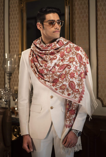 Pashtush India 70x200 Pashtush Mens Kashmiri Aari Embroidery Stole, Fine Wool, White