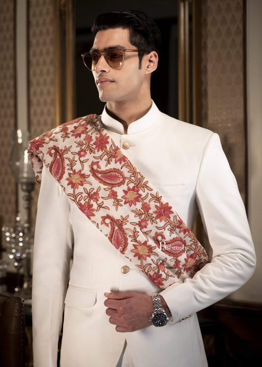 Pashtush India 70x200 Pashtush Mens Kashmiri Aari Embroidery Stole, Fine Wool, White