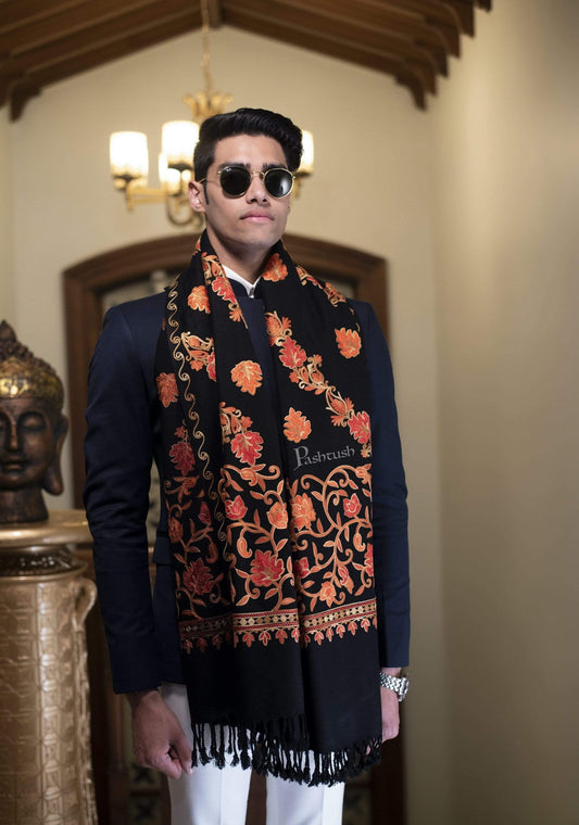 Pashtush India 70x200 Pashtush Mens Kashmiri Aari Embroidery Stole, Thick and Warm, Black