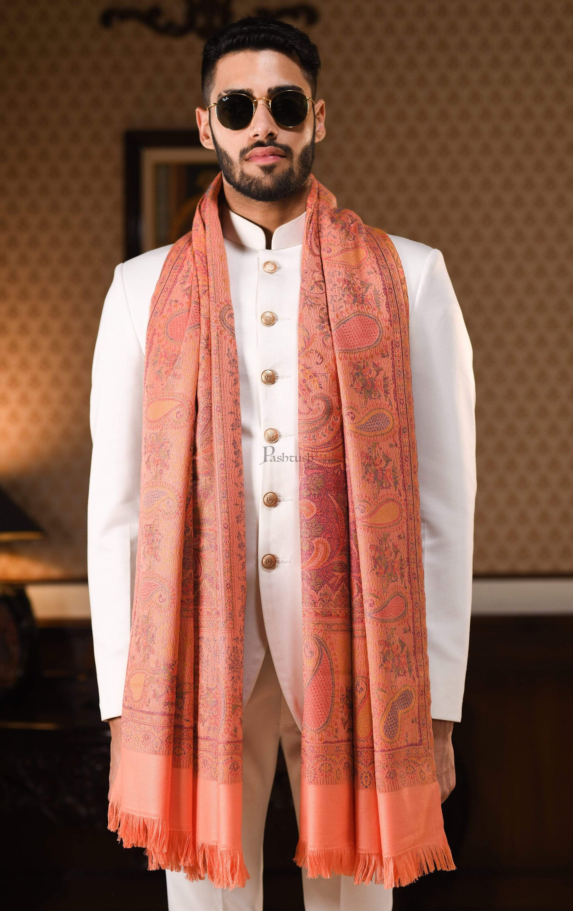 Pashtush India 100x200 Pashtush Mens Kashmiri Design Jamawar Shawl, Soft and Warm, Peach