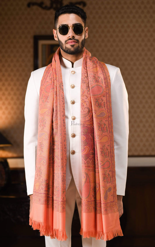 Pashtush India 100x200 Pashtush Mens Kashmiri Design Jamawar Shawl, Soft and Warm, Peach