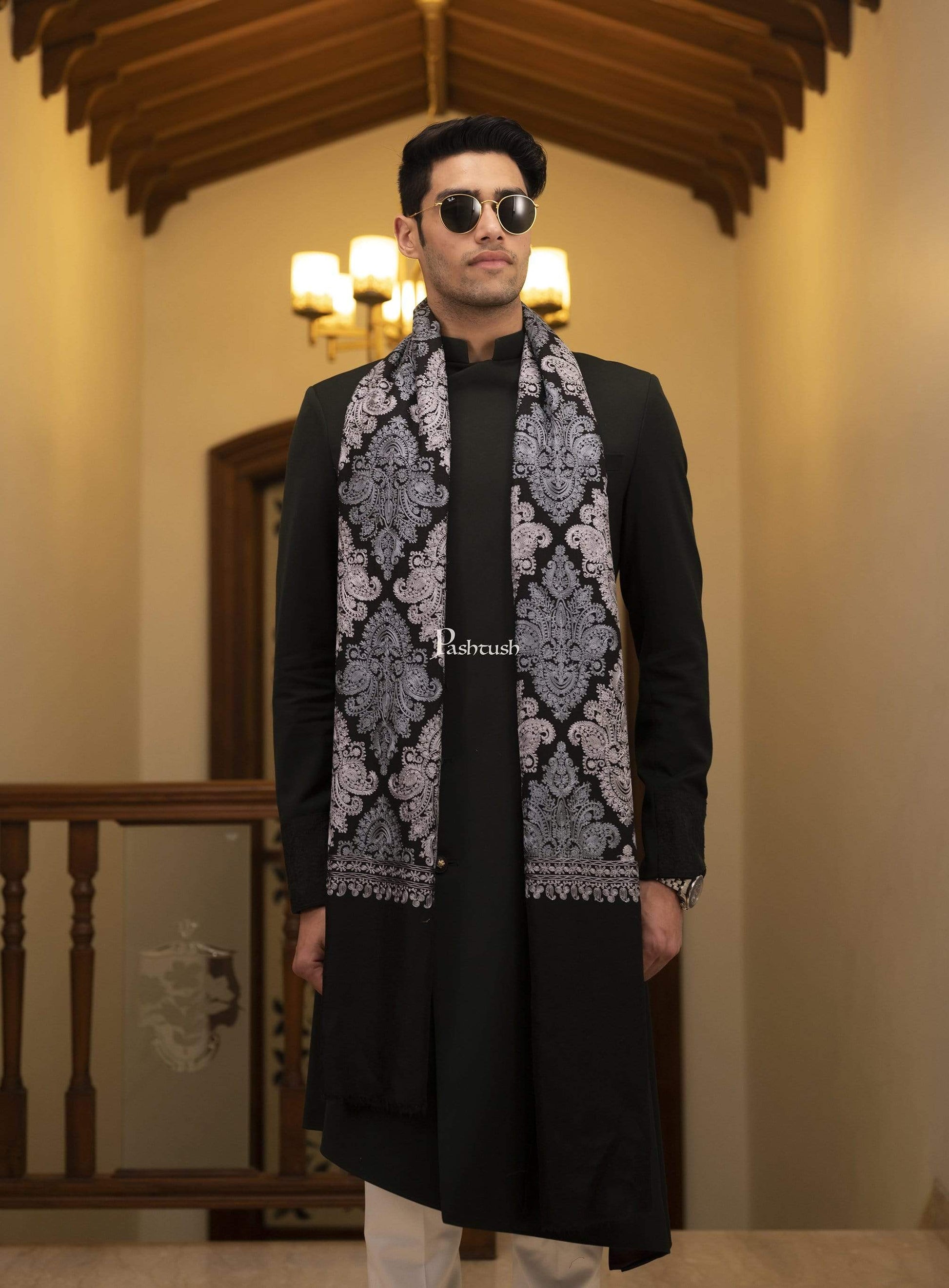 Pashtush Store Shawl Pashtush Mens, Kashmiri Embroidery Needlework Shawl, Fine Wool, Black