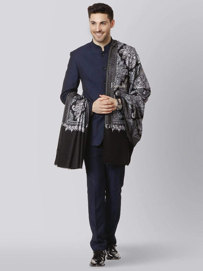 Pashtush India 114x228 Pashtush Mens, Kashmiri Embroidery Needlework Shawl, Fine Wool, Black