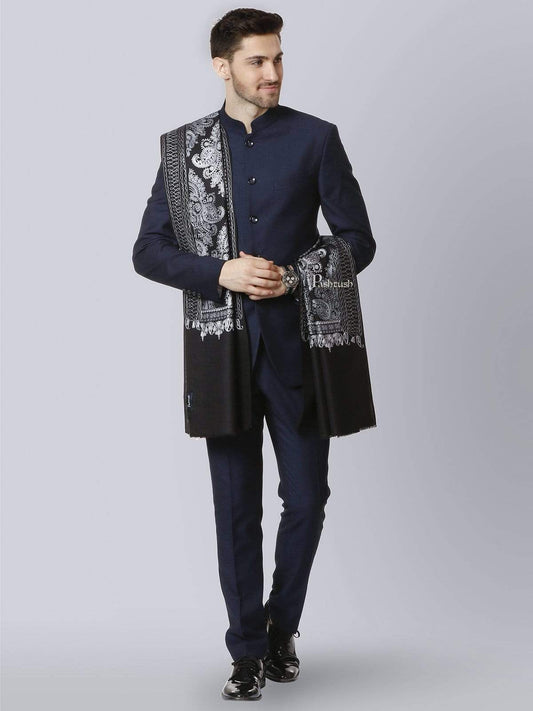 Pashtush India 114x228 Pashtush Mens, Kashmiri Embroidery Needlework Shawl, Fine Wool, Black