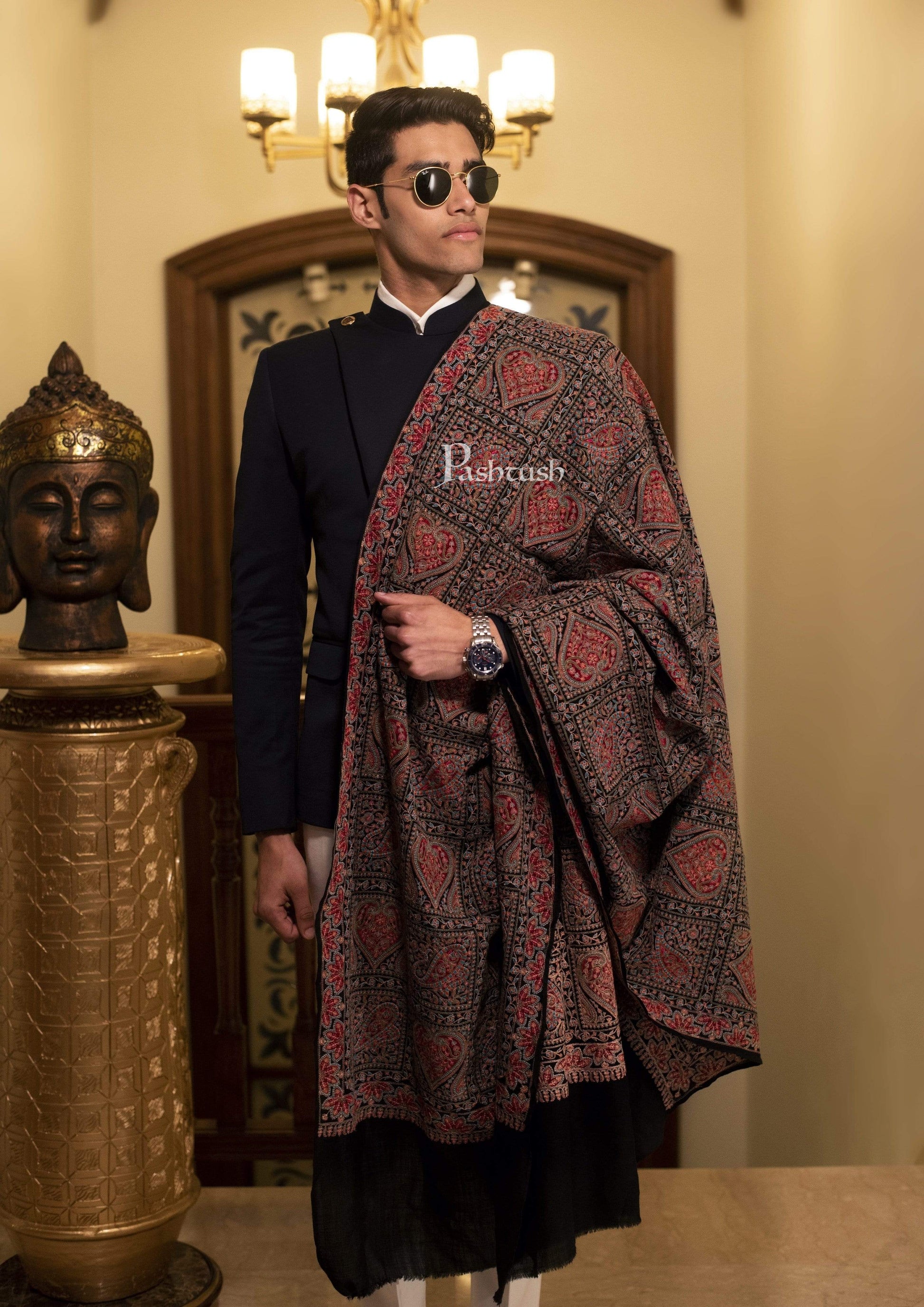 Pashtush India 100x200 Pashtush Mens Kashmiri Embroidery Stole, Sozni Embroidery, Intricate Needlework, Black