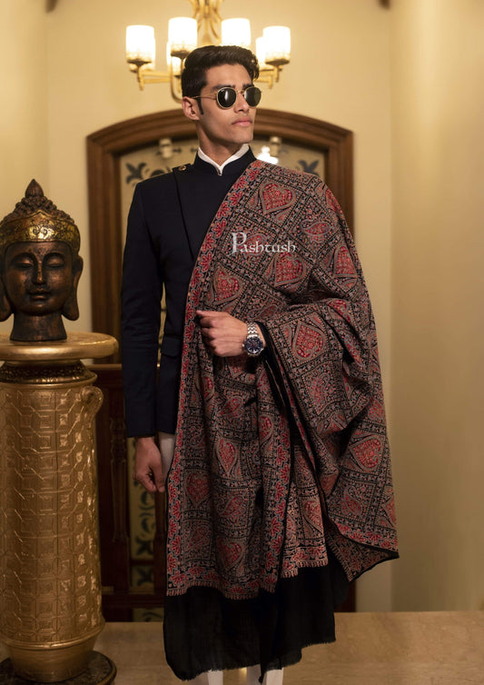 Pashtush India 100x200 Pashtush Mens Kashmiri Embroidery Stole, Sozni Embroidery, Intricate Needlework, Black