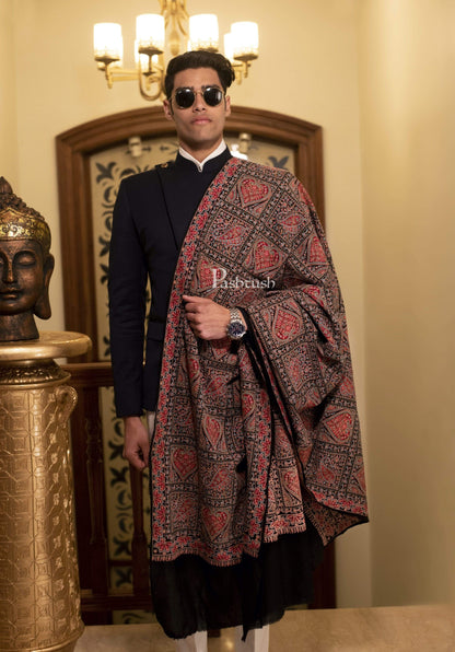 Pashtush India 100x200 Pashtush Mens Kashmiri Embroidery Stole, Sozni Embroidery, Intricate Needlework, Black