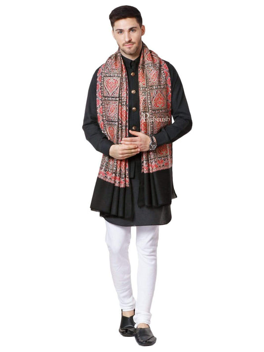 Pashtush India 100x200 Pashtush Mens Kashmiri Embroidery Pure Stole, Sozni Embroidery, Intricate Needlework, Black