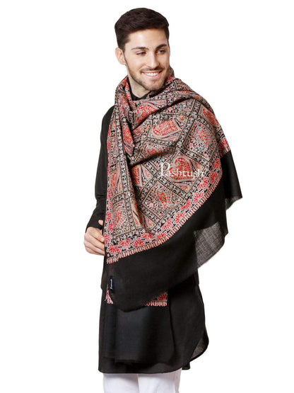 Pashtush India 100x200 Pashtush Mens Kashmiri Embroidery Pure Stole, Sozni Embroidery, Intricate Needlework, Black