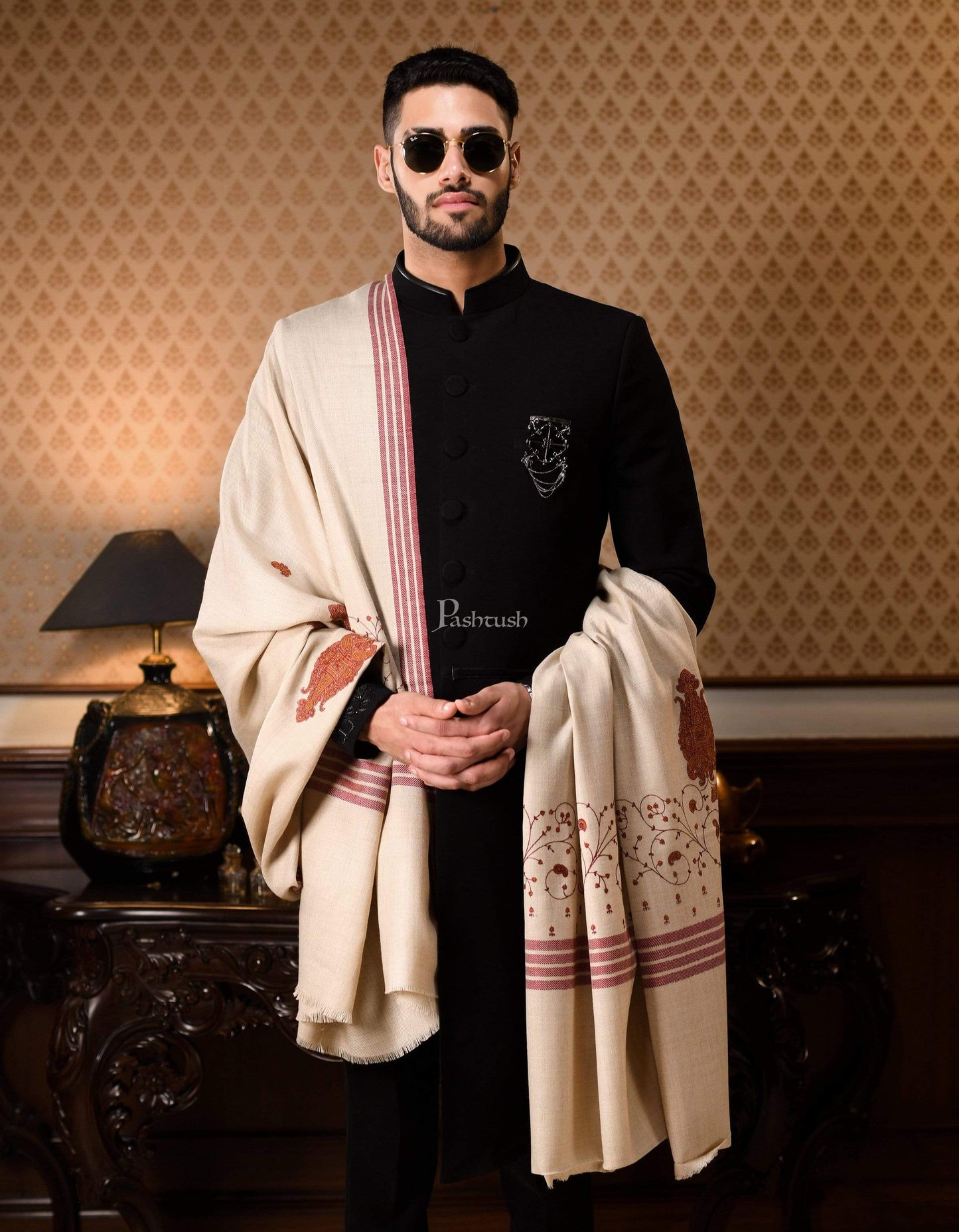 Pashtush India 114x228 Pashtush Mens Kashmiri Embroidery Shawl, Large and Warm