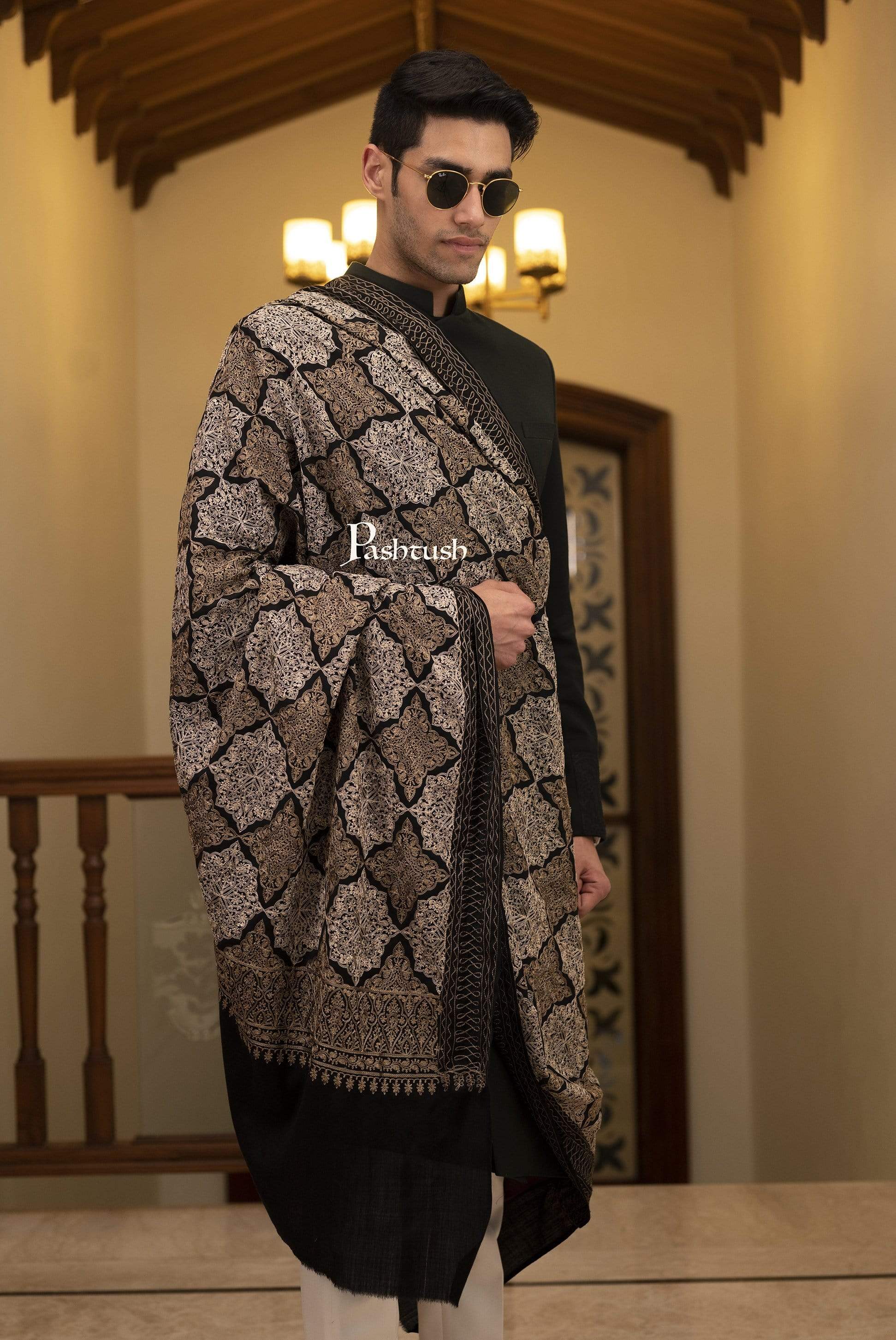 Pashtush India 114x228 Pashtush Mens Kashmiri Embroidery Shawl, Light Weight, Fine Wool, Black