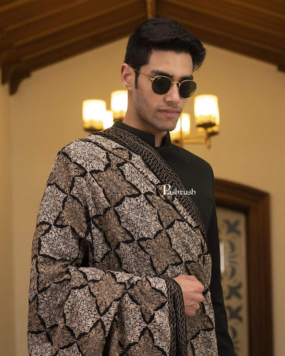 Pashtush India 114x228 Pashtush Mens Kashmiri Embroidery Shawl, Light Weight, Fine Wool, Black