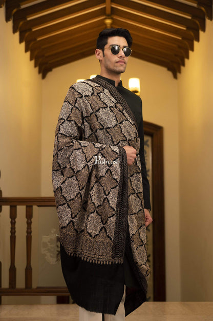 Pashtush India 114x228 Pashtush Mens Kashmiri Embroidery Shawl, Light Weight, Fine Wool, Black