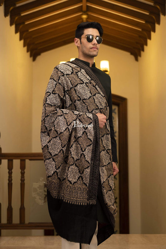 Pashtush India 114x228 Pashtush Mens Kashmiri Embroidery Shawl, Light Weight, Fine Wool, Black