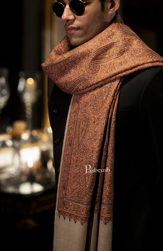 Pashtush India 100x200 Pashtush Mens Kashmiri Embroidery Stole, Fine Wool, Beige