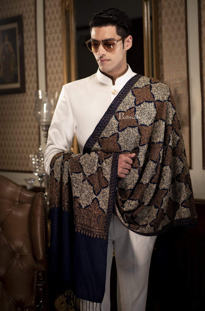 Pashtush India 70x200 Pashtush Mens Kashmiri Embroidery Stole, Light Weight, Fine Wool, Navy Blue