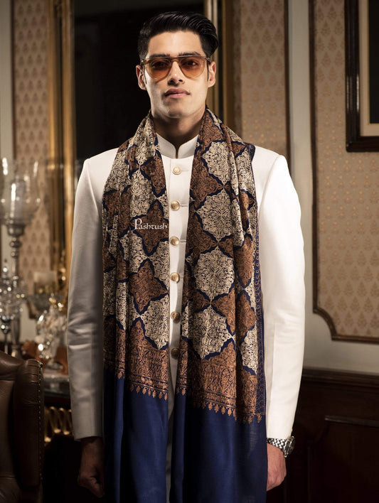 Pashtush India 70x200 Pashtush Mens Kashmiri Embroidery Stole, Light Weight, Fine Wool, Navy Blue