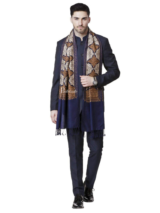 Pashtush India 70x200 Pashtush Mens Kashmiri Embroidery Stole, Light Weight, Fine Wool, Navy Blue