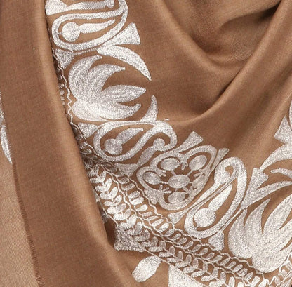 Pashtush India Shawl Pashtush Mens Kashmiri Hand Embroidery Shawl, Fine Wool with Tilla Zari Work - Taupe