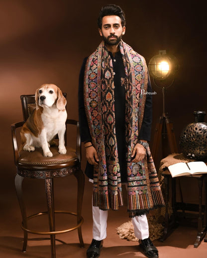 Pashtush India Mens Shawls Gents Shawl Pashtush Mens Kashmiri Tilla Hand Embroidered Shawl, Full Size, Extra Fine Wool, Kalamkari