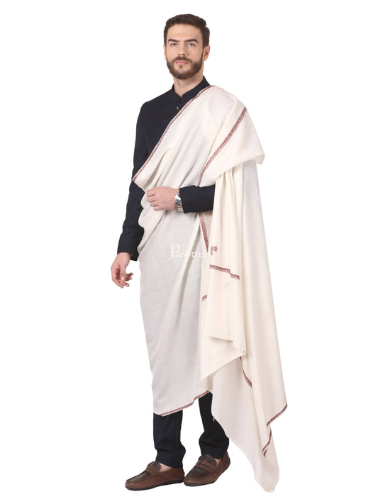 Pashtush India Mens Shawls Gents Shawl Pashtush Mens Kingri Shawl, Hand Embroidery Shawl, Full Size (White)