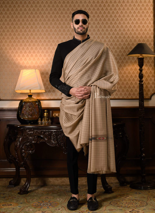 Pashtush India 127x254 Pashtush Mens Kullu Weave Shawl With Checkered Weave, Beige