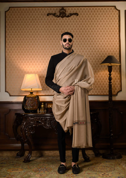 Pashtush India 127x254 Pashtush Mens Kullu Weave Shawl With Checkered Weave, Beige
