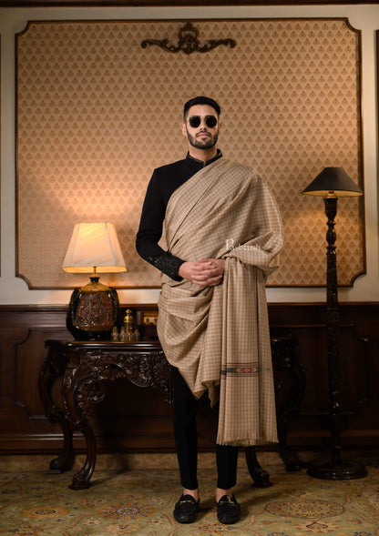Pashtush India 127x254 Pashtush Mens Kullu Weave Shawl With Checkered Weave, Beige