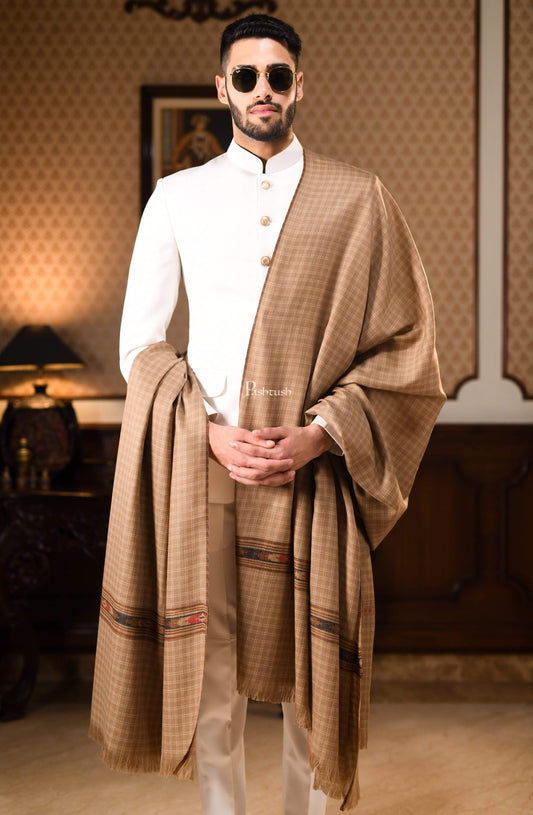 Pashtush India 127x254 Pashtush Mens Kullu Weave Shawl With Checkered Weave, Beige