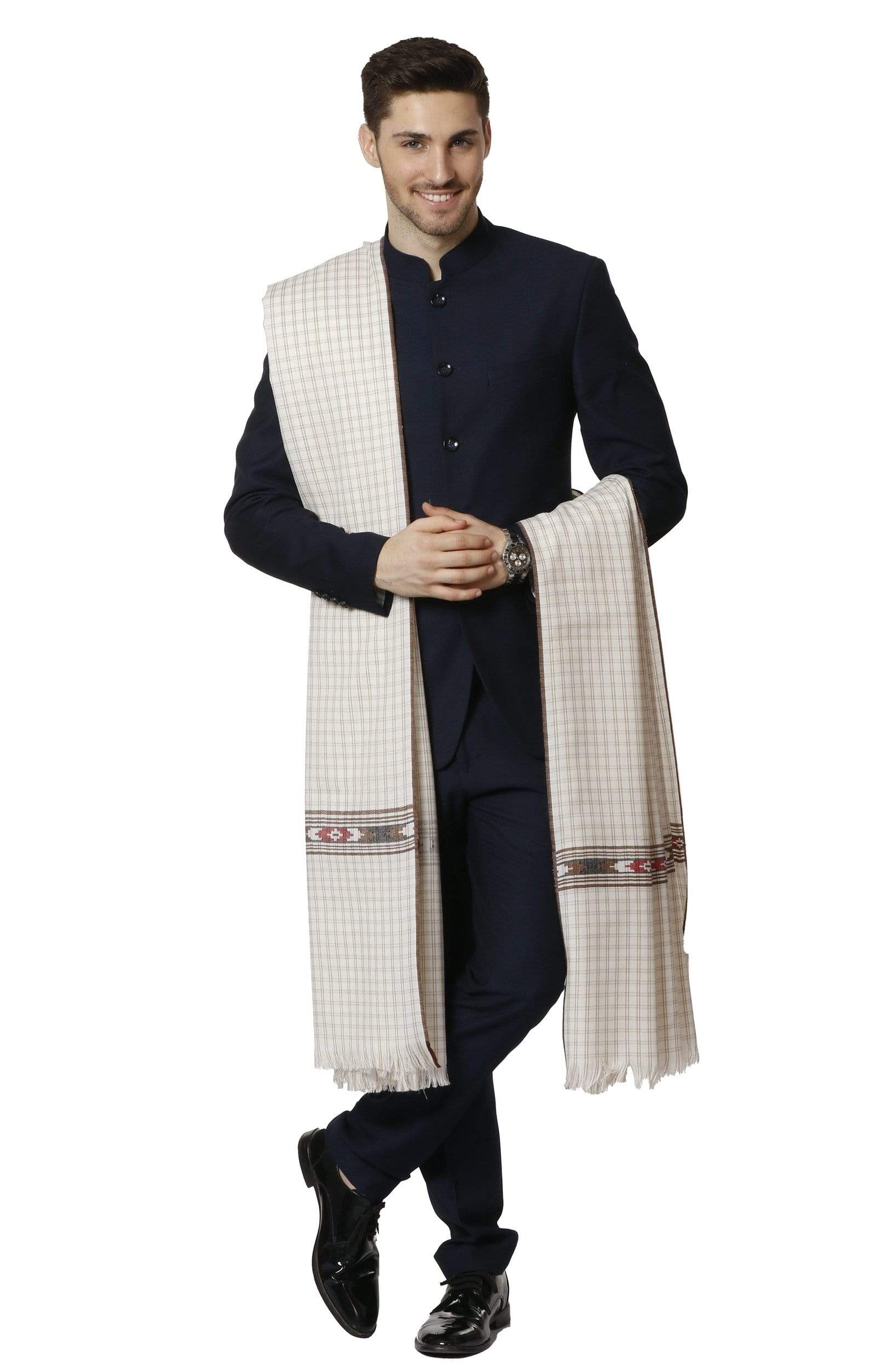 Pashtush India 127x254 Pashtush Mens Kullu Weave Shawl with Checkered Weave, White