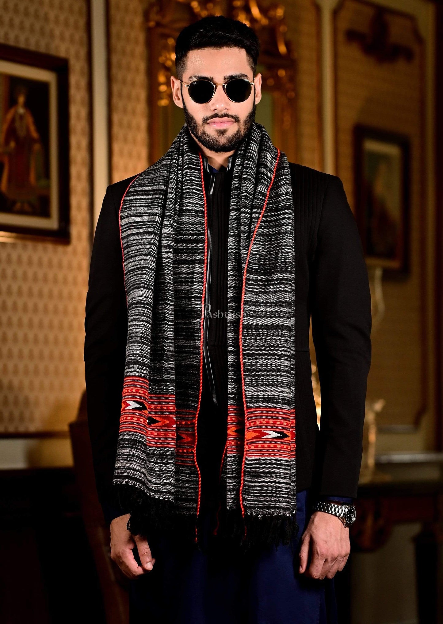 Pashtush India 70x200 Pashtush Mens Kullu Wool, Authentic 100% Handwoven Stole, Extra Warm, grey