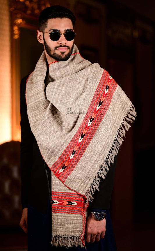 Pashtush India 70x200 Pashtush Mens Kullu Wool, Authentic Handwoven Stole, Extra Warm, Beige
