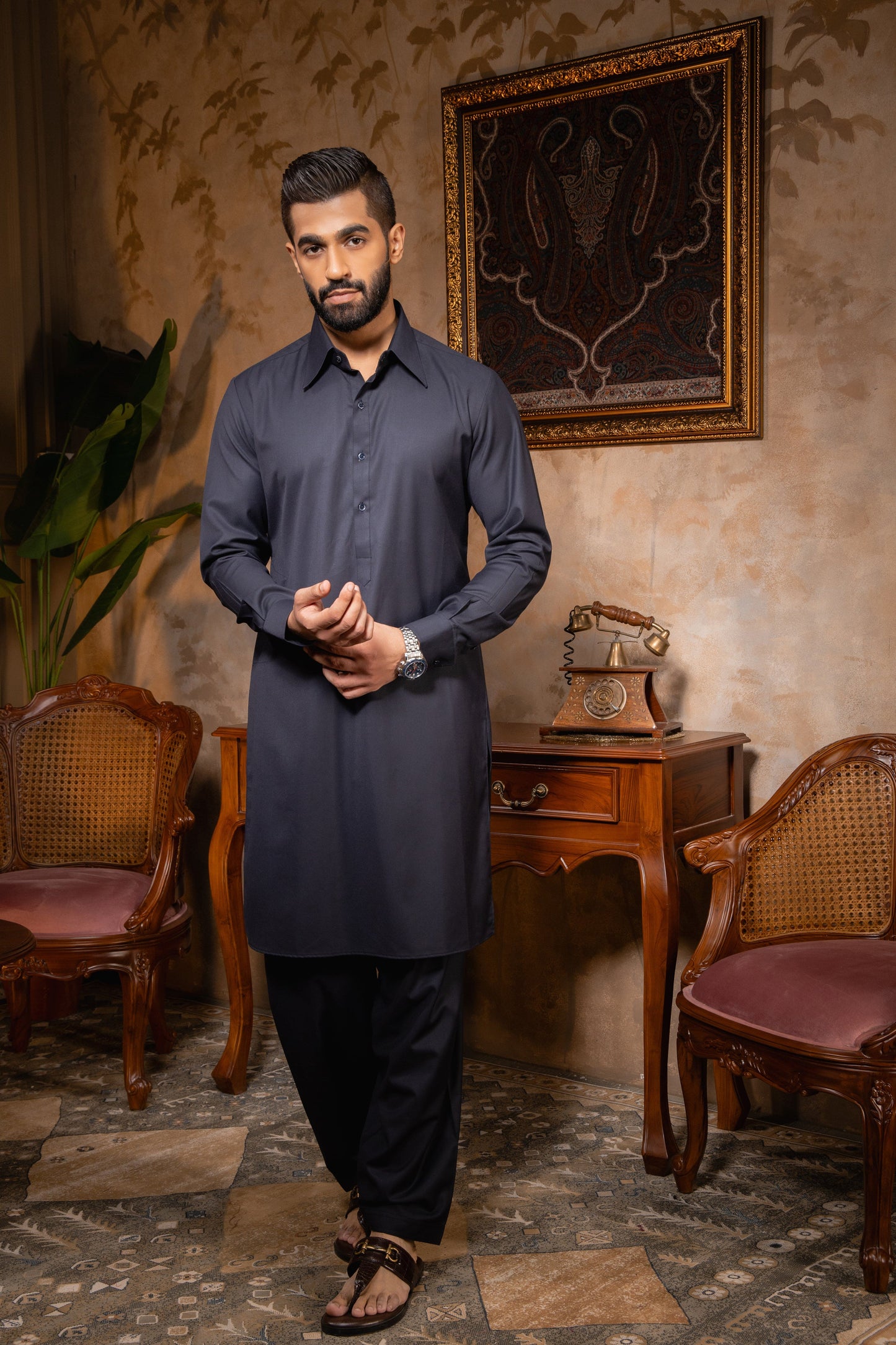 Pashtush India Kurta Pashtush Mens Kurta, Navy Blue