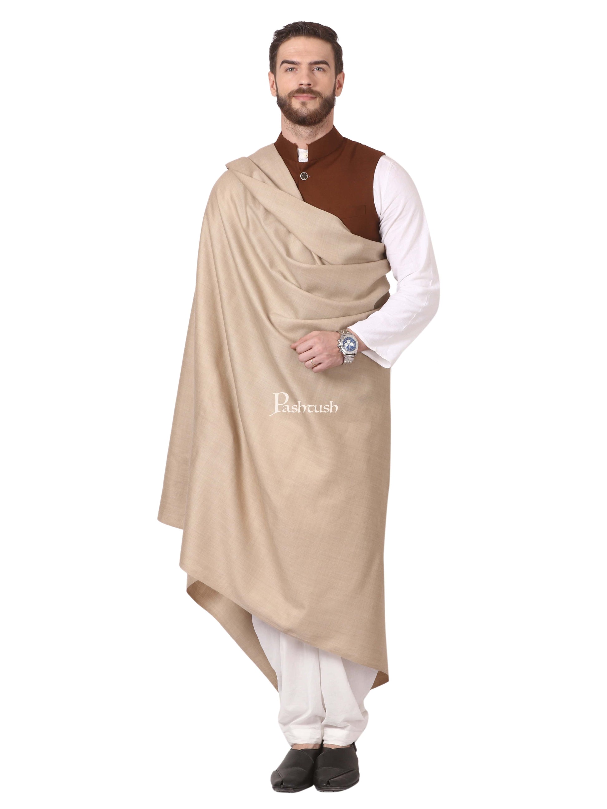 Pashtush India Mens Shawls Gents Shawl Pashtush Mens Lohi, Thick And Warm Gents Shawl, 50% Pure Wool, Beige