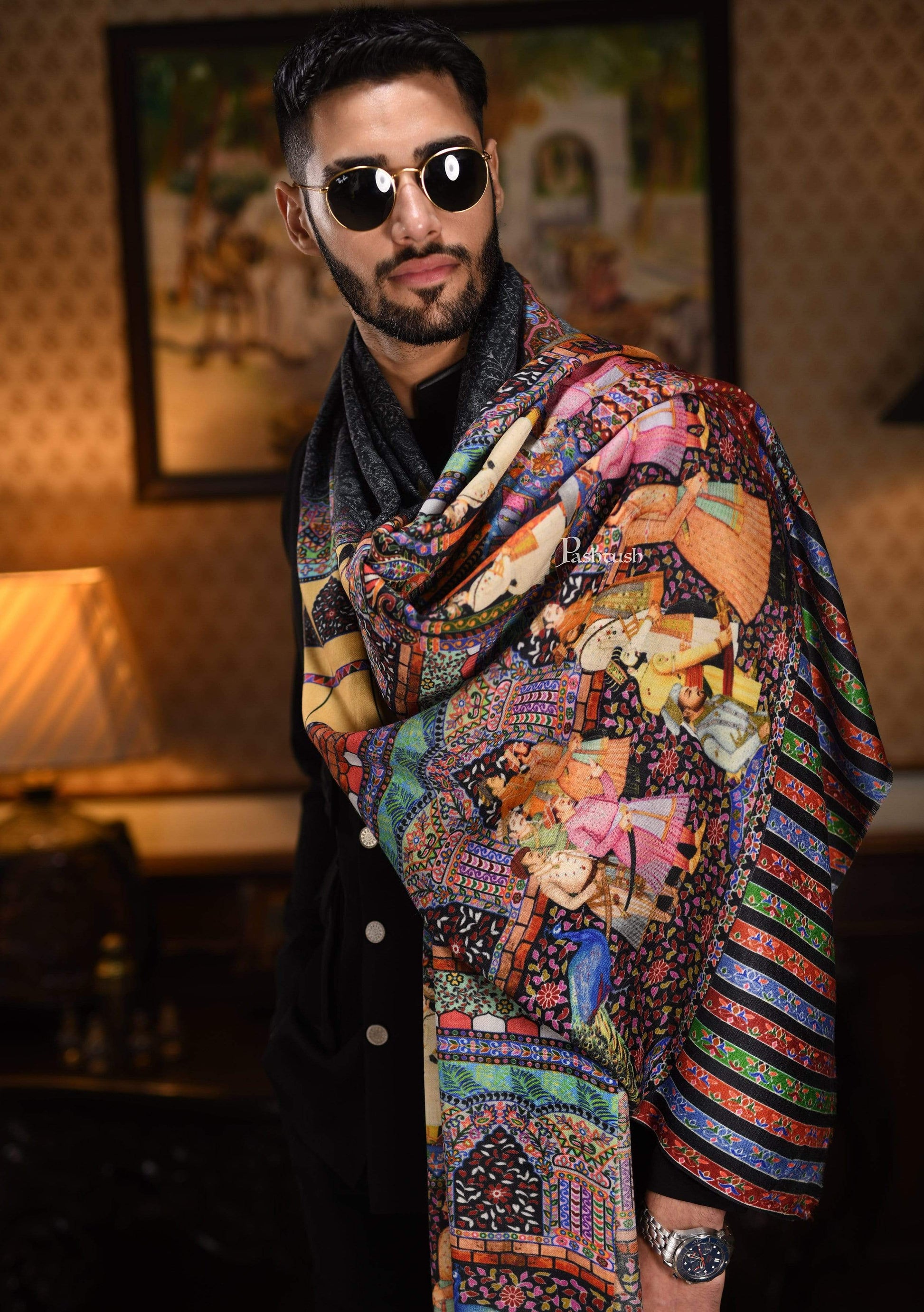 Pashtush India 114x228 Pashtush Mens Mughal Darbar Printed Shawl, 100% Pure, Woolmark Certified