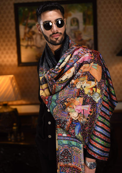 Pashtush India 114x228 Pashtush Mens Mughal Darbar Printed Shawl, 100% Pure, Woolmark Certified