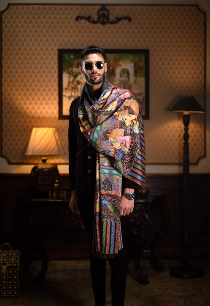 Pashtush India 114x228 Pashtush Mens Mughal Darbar Printed Shawl, 100% Pure, Woolmark Certified