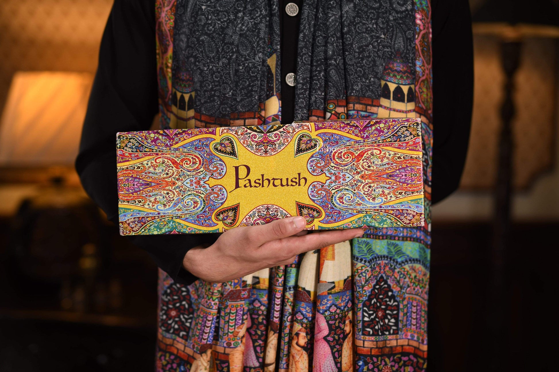 Pashtush India 114x228 Pashtush Mens Mughal Darbar Printed Shawl, 100% Pure, Woolmark Certified