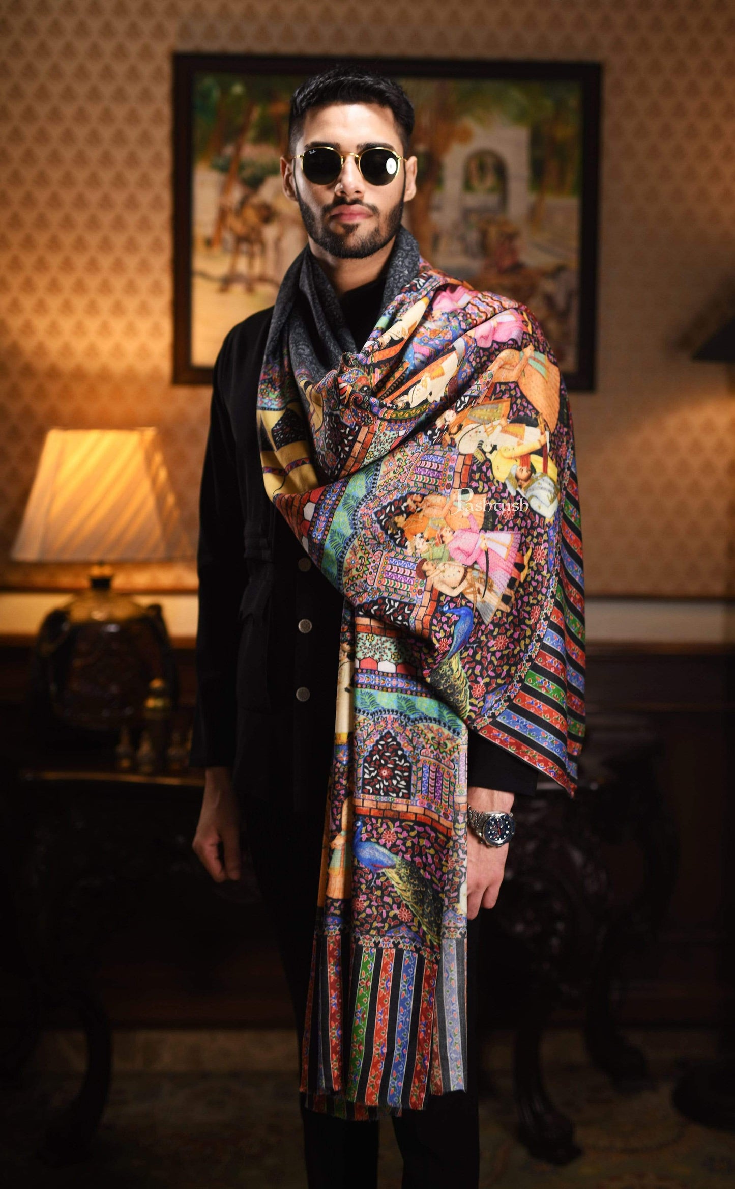 Pashtush India 114x228 Pashtush Mens Mughal Darbar Printed Shawl, 100% Pure, Woolmark Certified