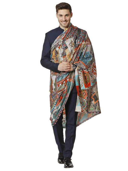 Pashtush India 127x254 Pashtush Mens Mughal Darbar Printed Shawl, 100% Pure, Woolmark Certified, Full Size