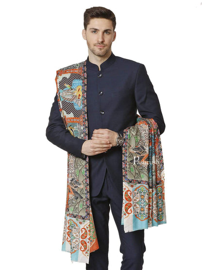 Pashtush India 127x254 Pashtush Mens Mughal Darbar Printed Shawl, 100% Pure, Woolmark Certified, Full Size
