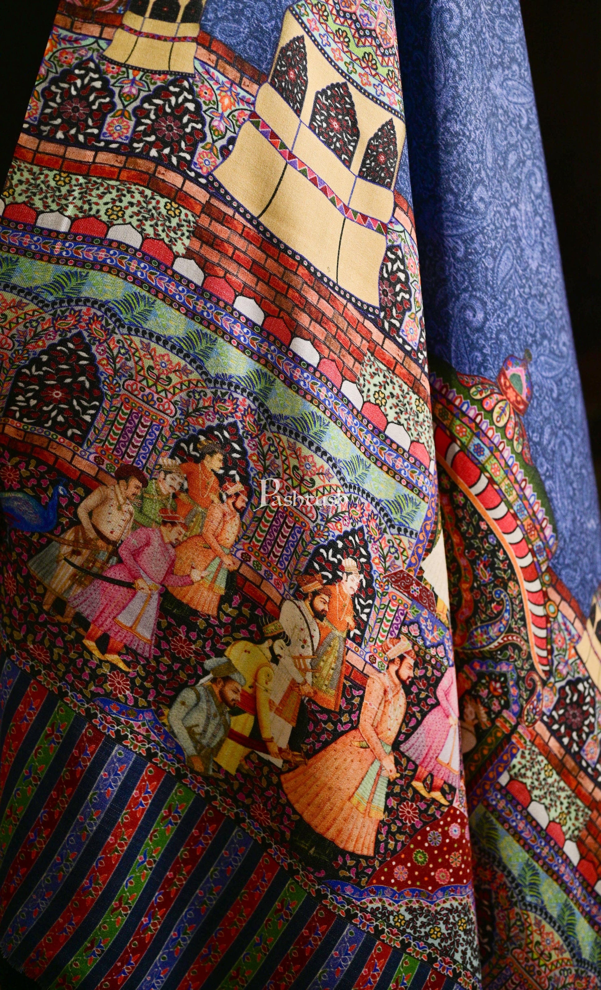 Pashtush India 114x228 Pashtush Mens Mughal Darbar Printed Shawl, 100% Pure, Woolmark Certified, Lapis Blue