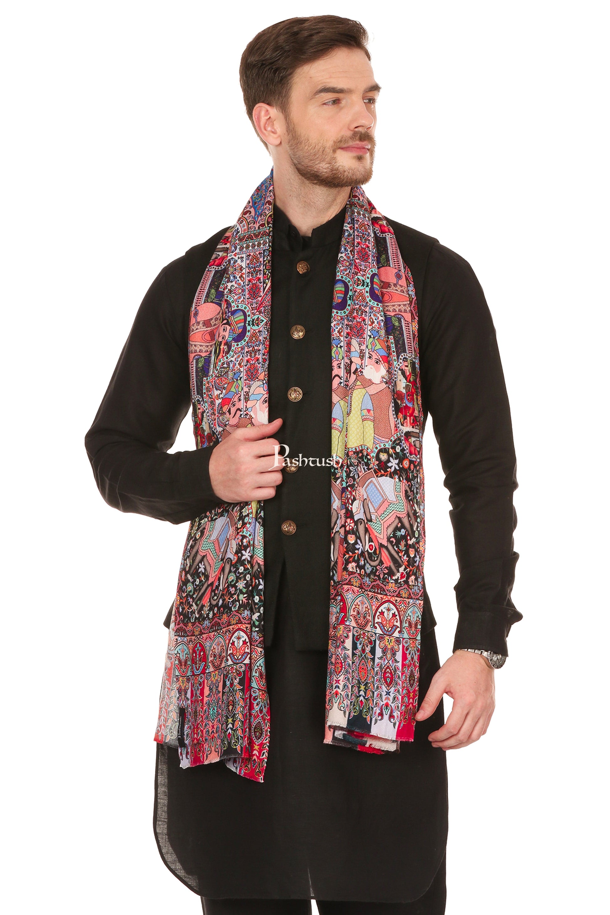 Pashtush India Mens Scarves Stoles and Mufflers Pashtush Mens Mughal Darbar Printed Stole, Extra Soft Bamboo Fabric