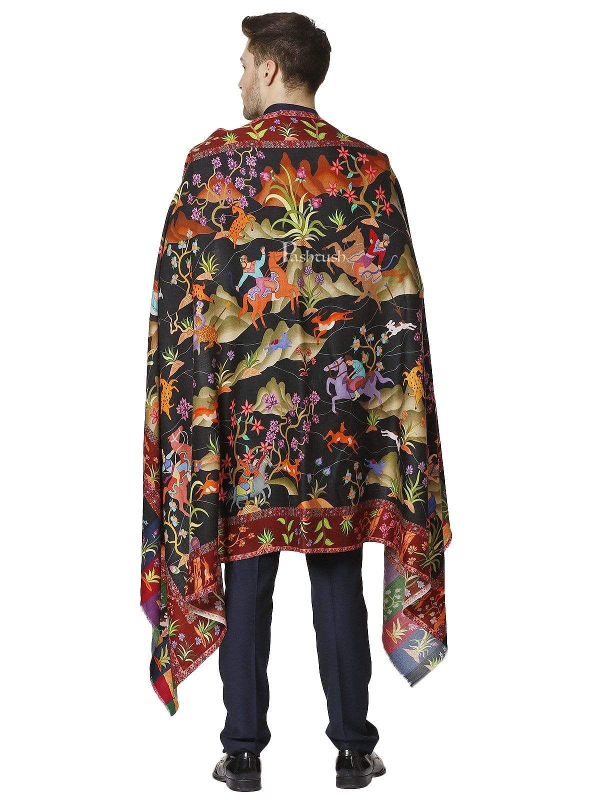 Pashtush India 114x228 Pashtush Mens Mughal Shikaardar, Luxury Printed Shawl on 100% Pure Wool, Woolmark Certified