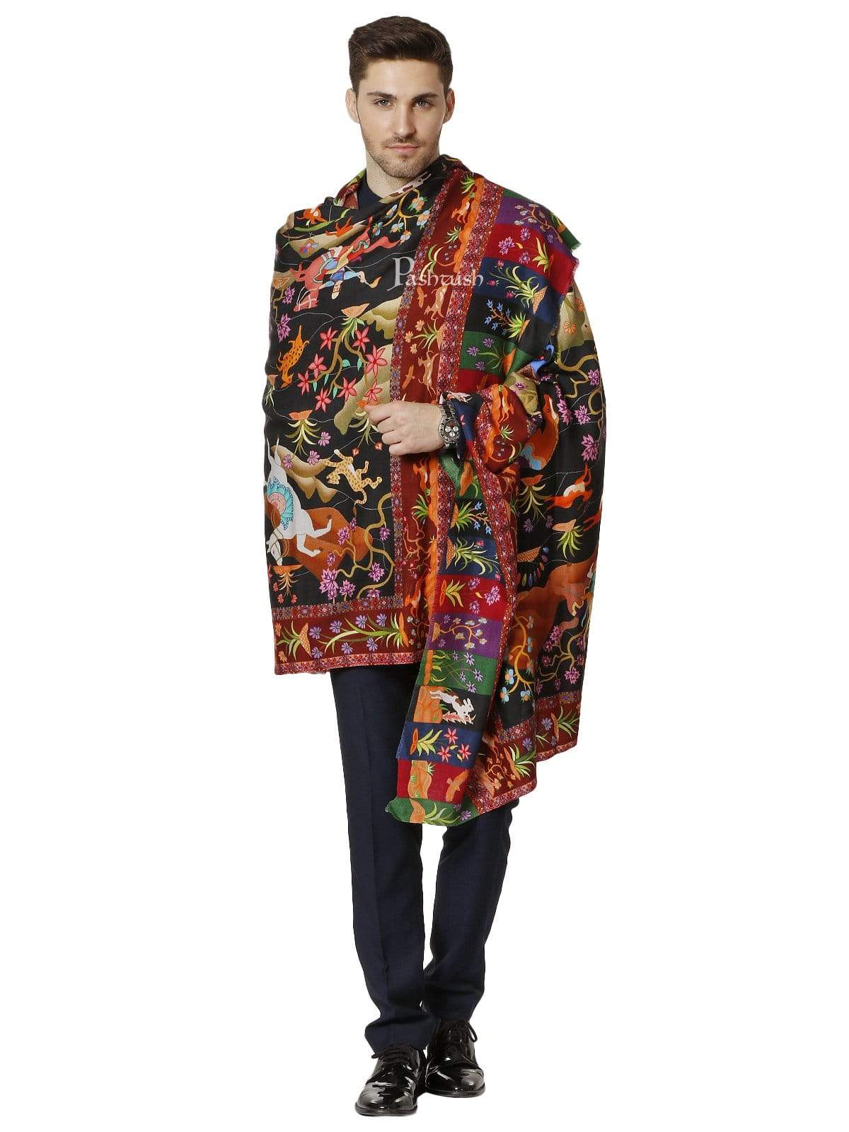Pashtush India 114x228 Pashtush Mens Mughal Shikaardar, Luxury Printed Shawl on 100% Pure Wool, Woolmark Certified