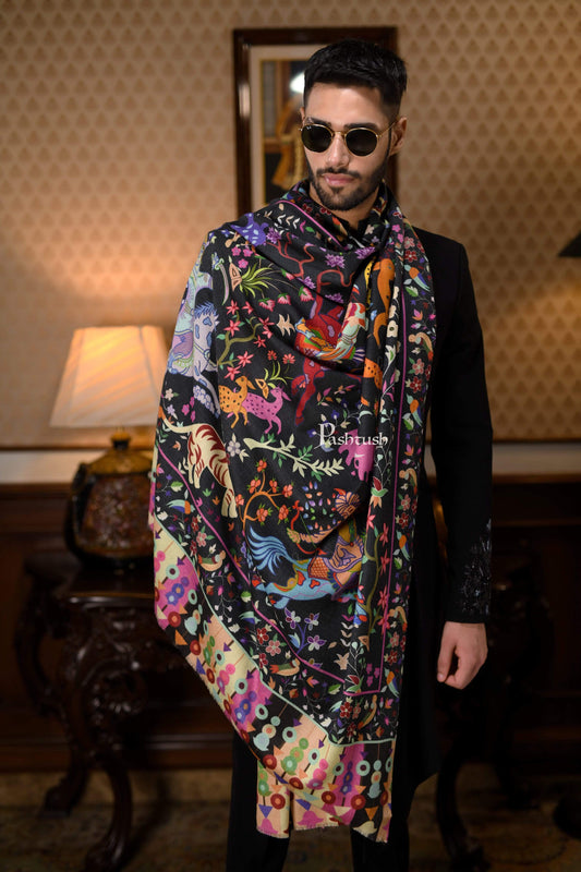 Pashtush India 114x228 Pashtush Mens Mughal Shikaardar, Luxury Printed Shawl on 100% Pure Wool, Woolmark Certified