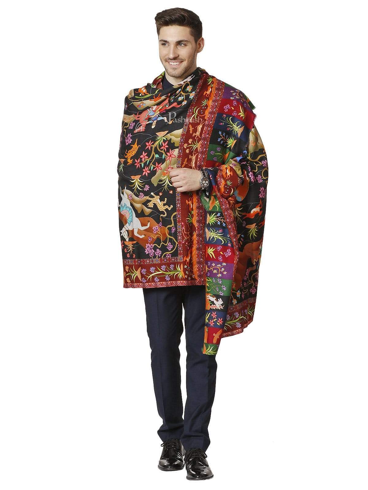 Pashtush India 114x228 Pashtush Mens Mughal Shikaardar, Luxury Printed Shawl on 100% Pure Wool, Woolmark Certified