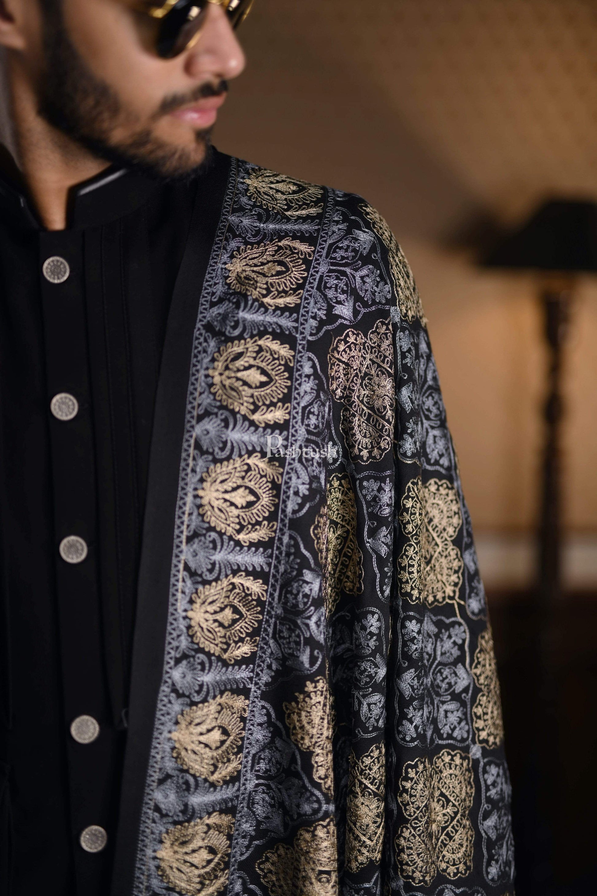 Pashtush India 100x200 Pashtush Mens Nalki Embroidery Stole, Pure Wool, Woolmark Certified