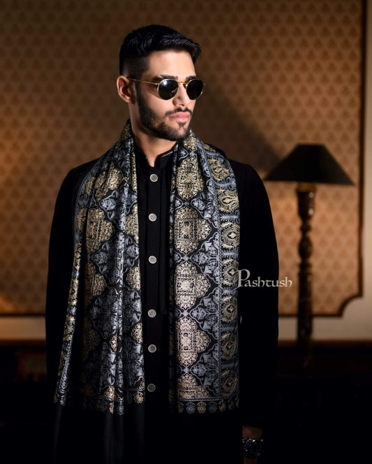 Pashtush India 100x200 Pashtush Mens Nalki Embroidery Stole, Pure Wool, Woolmark Certified